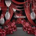 Wedding Floral Display With Red Curtains Crystal Chandeliers And Pink Red Flowers On Black Stage