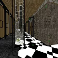 Modern KTV Corridor Interior Design With Black White Checkered Floor And Wooden Walls