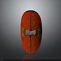 Traditional Red Shield With Yellow Geometric Patterns Silver Central Band And Wing Shaped Decorations Ancient Warfare Weapon