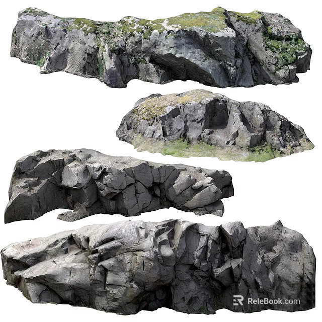 Natural Stone and Wood with Various Shapes Rough Textures and Green Grass 3d model 