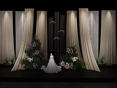 Decorative Ornament Combination With White Dress Model Flower Bouquets Green Plants Beige Curtains And Chandeliers 3d model
