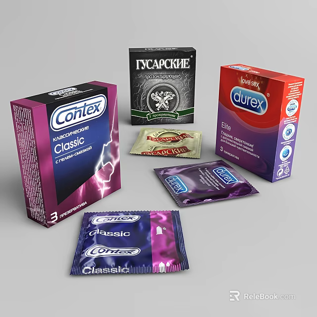 Various Daily Use Products Including Cortex Classic And Durex Elite Condom Boxes Sachets 3d model 