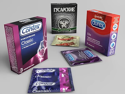 Various Daily Use Products Including Cortex Classic And Durex Elite Condom Boxes Sachets 3d model