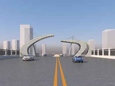 Modern Entrance Gate With Arch Structure Urban Road And High Rise Buildings 3d model
