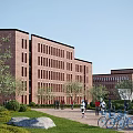 Red Brick Office Building with Green Lawn Trees People Walking and Bicycles
