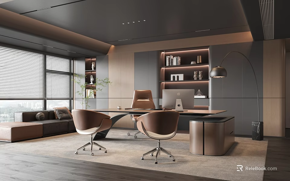 Modern Office Interior With Executive Desk Leather Chairs Bookshelves And Sofa Area 3d model 
