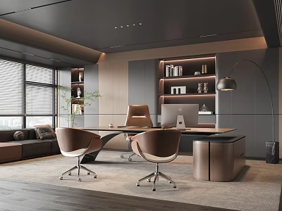 Modern Office Interior With Executive Desk Leather Chairs Bookshelves And Sofa Area 3d model