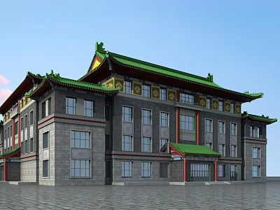 Traditional Chinese Cultural Center Exterior With Green Roof Gray Walls And Traditional Decorative Elements 3d model