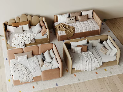 Multiple Baby Cribs In Neutral Tones With Pillows Blankets And Colorful Patterned Rug 3d model