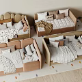 Multiple Baby Cribs In Neutral Tones With Pillows Blankets And Colorful Patterned Rug