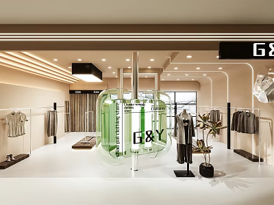 Modern G&Y Clothing Store Interior Featuring Green Transparent Installation And Clothing Racks With Clothes 3d model