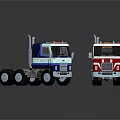 Blue And Red Trucks With Classic Cab Design And Reflective Surfaces