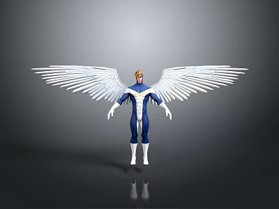 Winged Character with Large White Wings in Blue and White Suit Standing on Neutral Background 3d model