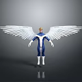 Winged Character with Large White Wings in Blue and White Suit Standing on Neutral Background
