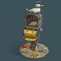 Seagull Perched On Rustic Painted Mailbox With Crab Shells And Fish Bone On Sandy Base