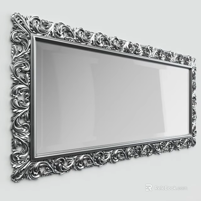 Elegant Silver Mirror with Ornate Decorative Frame and Intricate Patterns 3d model 