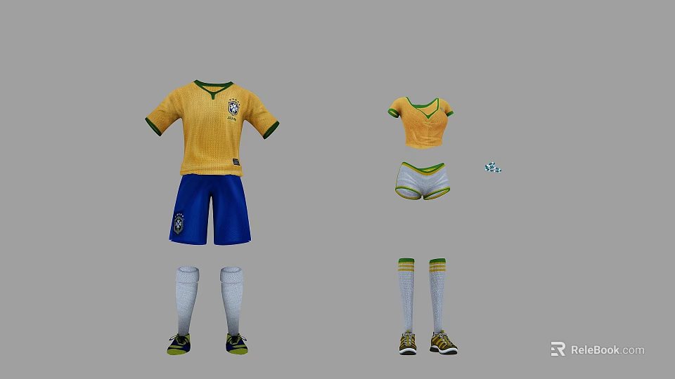 Men's and Women's Brazilian Football Uniforms Yellow Jersey Blue Shorts Socks and Shoes 3d model 