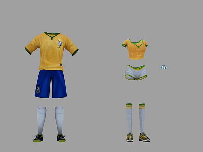 Men's and Women's Brazilian Football Uniforms Yellow Jersey Blue Shorts Socks and Shoes 3d model