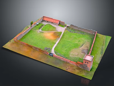 Fortress Courtyard Model Featuring Red Brick Walls Green Lawn Pathway and Tower 3d model