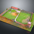 Fortress Courtyard Model Featuring Red Brick Walls Green Lawn Pathway and Tower