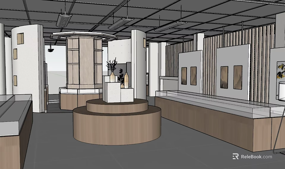 Modern Exhibition Space Interior With Circular Display Stand And Wooden Cabinets 3d model 