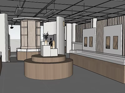 Modern Exhibition Space Interior With Circular Display Stand And Wooden Cabinets 3d model
