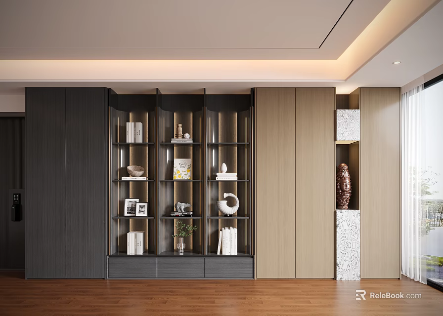 Modern Wooden Decorative Cabinet With Open Shelves Closed Storage And Decorative Items 3d model 