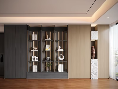 Modern Wooden Decorative Cabinet With Open Shelves Closed Storage And Decorative Items 3d model