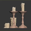 Three Candle Holders With Copper Bases And Burned Beige Candles Against Dark Background