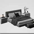 Modern Double Bed Setup With Bedside Tables Decorative Pillows Striped Blanket And Stool 3d model