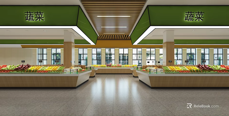 Supermarket Grocery Vegetable Section With Fruit Display Counters Spacious Bright Space Wooden Green Decor 3d model 