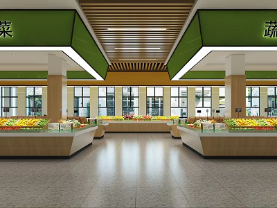 Supermarket Grocery Vegetable Section With Fruit Display Counters Spacious Bright Space Wooden Green Decor 3d model
