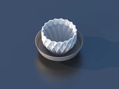 White Geometric Pattern Bowl On Gray Plate Against Dark Blue Background 3d model