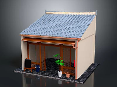 Traditional House Structure With Blue Tiled Roof Wooden Porch And Courtyard Elements 3d model