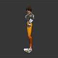Game Movie Character With Brown Spiky Hair Orange Tights Gray Armor White Gloves And Mechanical Gear