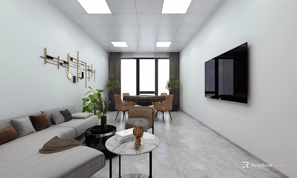 Comfortable Hotel Mahjong Room Interior With Sofa Coffee Table TV And Plants 3d model