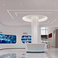 Modern Restaurant Interior With Marble Wall Spiral Staircase Reception Desk Green Plants And Large Windows