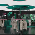 Stylish Fashion Clothing Store Interior With Green Lighting Clothing Displays And Decorative Backdrops