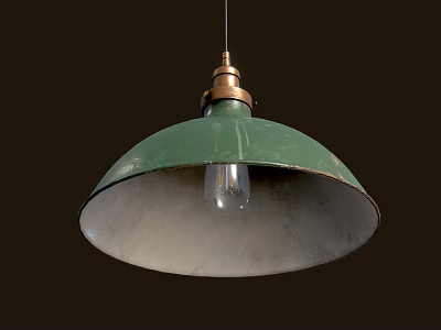 Vintage Industrial Pendant Light With Green Shade Brass Top And White Interior Light Bulb 3d model