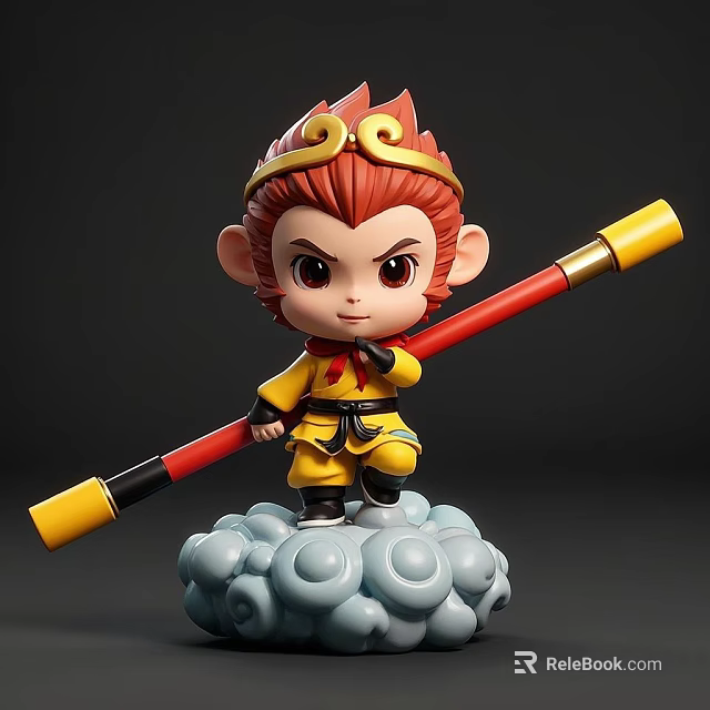 Chibi Monkey King Character in Yellow Outfit With Golden Headband and Staff Standing on Cloud 3d model 