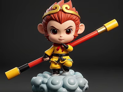 Chibi Monkey King Character in Yellow Outfit With Golden Headband and Staff Standing on Cloud 3d model