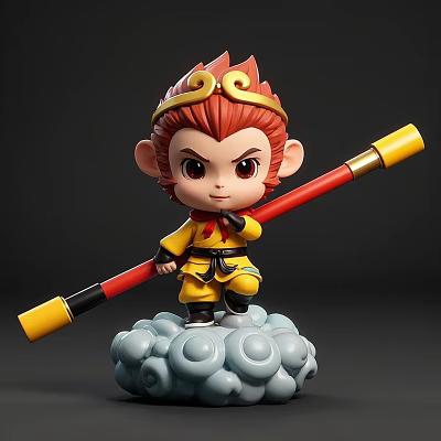 Chibi Monkey King Character in Yellow Outfit With Golden Headband and Staff Standing on Cloud 3d model