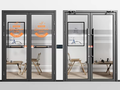 Modern Glass Double Doors with Black Frames and Graphics in Indoor Interior 3d model