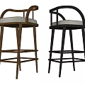 Wooden and Black Bar Stools with Curved Armrests Light Gray Seats and Tall Crossbar Design