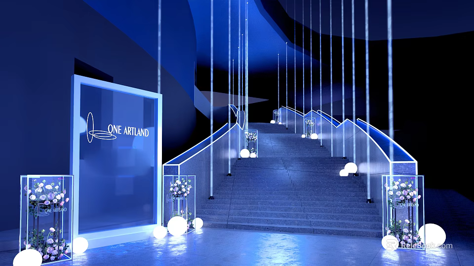 One Atlantic Office Corridor With Blue Toned Staircase Hanging Lights Railing And Flower Decorations 3d model 