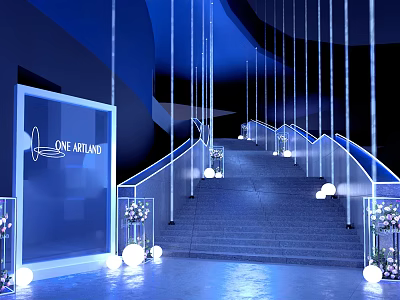 One Atlantic Office Corridor With Blue Toned Staircase Hanging Lights Railing And Flower Decorations 3d model