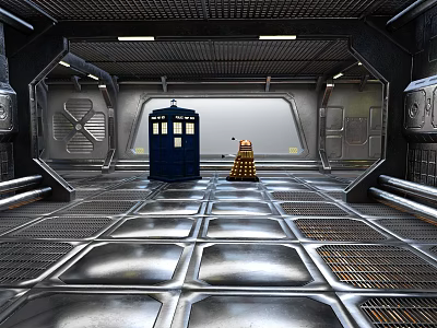 Sci Fi Futuristic Scene With Metallic Floor Blue Police Box Yellow Robot Industrial Ceiling Lights 3d model
