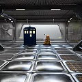 Sci Fi Futuristic Scene With Metallic Floor Blue Police Box Yellow Robot Industrial Ceiling Lights