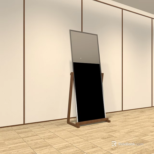 Clothing Store Fitting Room Full Length Mirror With Wooden Stand Light Wall Vertical Stripes 3d model 