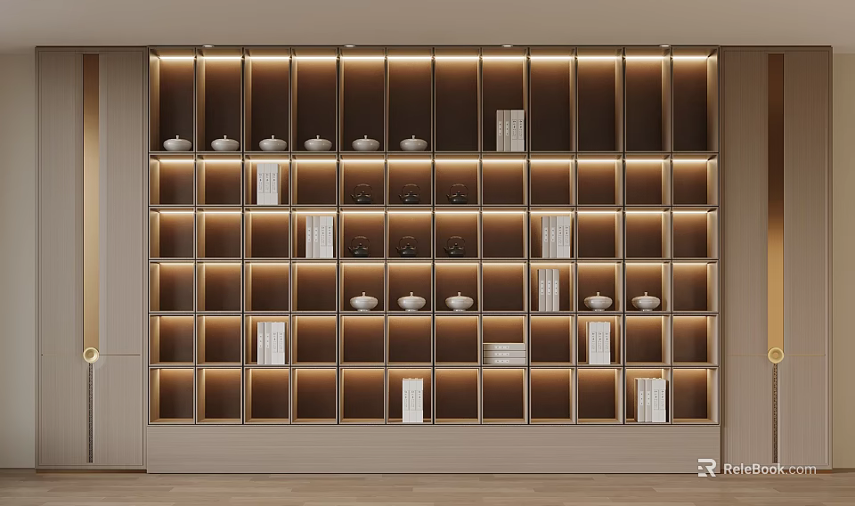Modern Display Shelf Interior With Layered Shelves Bowls Cups And Books 3d model 